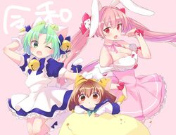  3girls animal_ears animal_hat bell blue_skirt blush breasts brown_eyes brown_hair cat_hat cat_tail choker cleavage dejiko di_gi_charat dice_hair_ornament dress frilled_dress frills gema gloves green_eyes hair_between_eyes hair_ornament hat highres jingle_bell kyuuri_(miyako) long_hair multiple_girls one_eye_closed open_mouth parted_lips pink_background pink_hair puchiko rabbit_ears red_eyes ribbon_choker sailor_collar school_uniform serafuku short_hair simple_background skirt tail twintails usada_hikaru white_gloves 