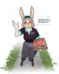  animal_humanoid blush clothed clothing container delivery_(commerce) dialogue english_text eyebrows female food food_delivery heart_symbol hi_res humanoid lagomorph lagomorph_humanoid leporid_humanoid looking_at_viewer mammal mammal_humanoid narrowed_eyes pizza pizza_box pizza_delivery rabbit_ears rabbit_humanoid raised_inner_eyebrows shaking_legs simple_background solo speech_bubble sweetburn sweets_remivas_(sweetburn) talking_to_viewer teal_eyes teeth text text_on_box text_on_clothing white_background 