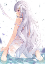  ahoge ass bare_arms bare_shoulders barefoot blunt_bangs chains choker commentary_request dress feet female from_behind frown hair_ornament hairclip highres in_water long_hair looking_at_viewer looking_back md5_mismatch original pink_eyes solo tomifumi water wavy_hair white_dress white_hair 