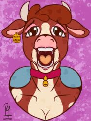  2021 2_horns 3:4 anthro anthrofied arizona_cow_(tfh) bell bell_collar bovid bovine breasts brown_body brown_hair bust_portrait cattle cleavage clothed clothing collar cowbell dated digital_drawing_(artwork) digital_media_(artwork) ear_piercing ear_tag eyelashes eyeshadow female hair hereford_cattle hi_res horn lipstick looking_at_viewer makeup mammal mouth_shot multicolored_body open_mouth piercing pink_eyeshadow pink_nose piro_pie portrait simple_background solo teeth them&#039;s_fightin&#039;_herds two_tone_body uvula 