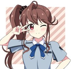  22/7 ;) bad_id bad_twitter_id black_scrunchie blue_ribbon blue_shirt blush border brown_background brown_hair closed_mouth collared_shirt commentary diagonal_stripes female hair_ornament hair_scrunchie hand_up highres long_hair looking_at_viewer neck_ribbon one_eye_closed outside_border red_eyes ribbon scrunchie shirt short_sleeves side_ponytail smile solo split_mouth striped striped_background toda_jun upper_body v v_over_eye white_border zeta_(24904340) 