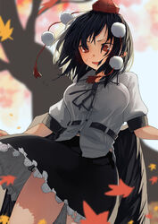  autumn autumn_leaves black_hair black_skirt blue_sky blush bow bowtie breasts buttons collared_shirt female futatsuki_eru grey_bow grey_bowtie hair_between_eyes hand_up hat leaf looking_down looking_to_the_side medium_breasts pointy_ears pom_pom_(clothes) puffy_short_sleeves puffy_sleeves red_eyes red_hat shameimaru_aya shirt short_hair short_sleeves side-tie_peek skirt sky solo standing tokin_hat touhou tree white_shirt wings 