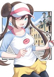  ;d absurdres black_pantyhose breasts brown_hair commentary_request day double_bun doughnut_hair_bun female hair_bun hat highres holding holding_poke_ball long_hair one_eye_closed open_mouth outdoors outline pantyhose pantyhose_under_shorts poke_ball poke_ball_(basic) pokemon pokemon_bw2 raglan_sleeves rosa_(pokemon) short_shorts shorts sky smile solo tongue twintails visor_cap white_hat yellow_shorts yuu_(vy6wh7hqrrxdxx7) 