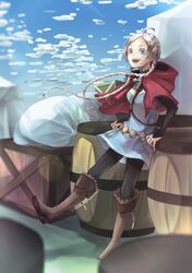  ahoge barrel blue_eyes boots braid breasts capelet cargo cloud cloudy_sky day female fire_emblem fire_emblem_fates full_body hairband harness highres kedama_mosamosa long_hair looking_at_viewer low_twin_braids medium_breasts nina_(fire_emblem) o-ring o-ring_harness open_mouth outdoors parted_bangs sky twin_braids white_hair 