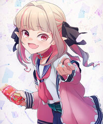  belt black_ribbon candy collar commentary_request drill_hair female food giving grey_hair hair_intakes hair_ribbon highres incoming_food jacket long_hair makaino_ririmu makaino_ririmu_(4th_costume) multicolored_hair nail_polish neckerchief nijisanji oerba_yun_fang off_shoulder open_clothes open_jacket open_mouth pink_jacket pointy_ears red_collar red_eyes red_hair red_neckerchief ribbon sabamen sailor_collar shirt sidelocks skin_fang skirt sleeves_past_wrists smile solo standing twin_drills upper_body virtual_youtuber 