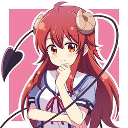  ahoge bad_id bad_twitter_id blue_serafuku blue_shirt blush border breasts brown_eyes brown_hair clenched_hands closed_mouth commentary curled_horns demon_girl demon_horns demon_tail female hand_up highres horns large_breasts long_hair long_tail looking_at_viewer machikado_mazoku neck_ribbon outline outside_border pink_background puffy_short_sleeves puffy_sleeves red_ribbon ribbon sailor_collar school_uniform serafuku shirt short_sleeves simple_background smile solo split_mouth tail upper_body very_long_hair white_border white_outline white_sailor_collar yoshida_yuuko_(machikado_mazoku) zeta_(24904340) 