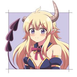  ahoge bad_id bad_twitter_id bare_shoulders blonde_hair blue_collar blue_sleeves blush border broken_horn closed_mouth collar commentary crisis_management_form_(machimazo) demon_girl demon_horns demon_tail detached_collar detached_sleeves female highres horns lilith_(machikado_mazoku) long_hair looking_at_viewer machikado_mazoku neck_ribbon pointy_ears purple_background purple_eyes red_ribbon ribbon simple_background smile solo split_mouth tail tail_raised upper_body very_long_hair white_border zeta_(24904340) 