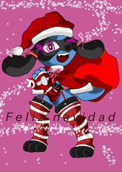  2022 anthro christmas christmas_clothing christmas_headwear clothing cute_fangs elchuydra feliz_navidad female generation_4_pokemon happy hat headgear headwear hi_res hina_(elchuydra) holidays legwear looking_at_viewer merry_christmas nintendo one_eye_closed pattern_clothing pattern_legwear pattern_thigh_highs pink_eyes pokemon pokemon_(species) riolu santa_bag santa_hat smile smiling_at_viewer solo striped_clothing striped_legwear striped_thigh_highs stripes thigh_highs wink winking_at_viewer young young_female 