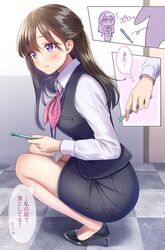  amagi_shino artist_name blush brown_hair commentary_request eyelashes female half_updo high_heels highres long_hair long_sleeves office_lady original pencil purple_eyes shirt shoes signature skirt smile solo translation_request white_shirt 