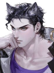  1boy animal_ears bad_id bad_twitter_id birthmark black_hair blue_eyes cat_ears collarbone earrings expressionless extra_ears highres jewelry joestar_birthmark jojo_no_kimyou_na_bouken kemonomimi_mode korean_commentary kujo_jotaro looking_ahead male_focus no_headwear short_hair simple_background solo stardust_crusaders upper_body vlfdus_0 white_background 