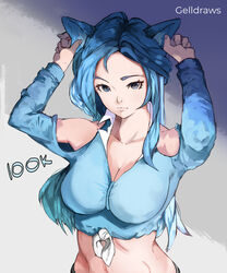  animal_ears arms_up artist_name bad_id bad_twitter_id bae_minah_(chaesu) blue_eyes blue_hair blue_shirt borrowed_character breasts cat_ears cleavage clothing_cutout crop_top female gelldraws highres large_breasts long_hair long_sleeves looking_at_viewer midriff original shadow shirt shoulder_cutout solo 