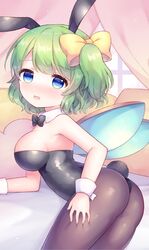  animal_ears ass bare_shoulders black_leotard black_pantyhose blue_eyes blush bow bowtie breasts coa_(chroo_x) commentary daiyousei detached_collar fairy fairy_wings fake_animal_ears fake_tail female green_hair hairbow hand_on_own_thigh highres leotard looking_at_viewer one_side_up open_mouth pantyhose playboy_bunny rabbit_ears rabbit_tail short_hair side_ponytail solo strapless strapless_leotard tail thighs touhou wings wrist_cuffs yellow_bow 