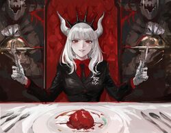  2others black_hairband black_necktie black_suit blunt_bangs breasts business_suit chair collared_shirt commentary_request crown dark_background demon demon_girl demon_horns evil_grin evil_smile female fork formal glorious_success gloves grin hairband heart_(organ) helltaker highres holding holding_fork holding_knife horns knife large_breasts long_hair looking_at_viewer lucifer_(helltaker) mole mole_under_eye multiple_others necktie on_chair open_mouth osakana_(denpa_yun&#039;yun) pale_skin plate red_eyes red_shirt shirt sidelocks sigil_of_lucifer sitting skeleton_(helltaker) smile spiked_hairband spikes spoon suit table table_knife tray upper_body utensil v-shaped_eyebrows white_gloves white_horns 