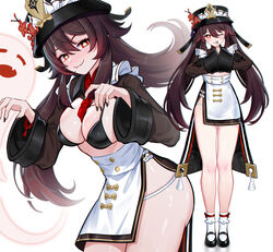  95--- absurdres bikini black_bikini black_nails blush boo_tao_(genshin_impact) breasts brown_hair chinese_clothes female flower full_body genshin_impact ghost hat hat_flower highres hu_tao_(genshin_impact) long_sleeves looking_at_viewer medium_breasts nail_polish own_hands_together revealing_clothes simple_background smile socks swimsuit symbol-shaped_pupils tailcoat top_hat twintails white_background wide_sleeves 