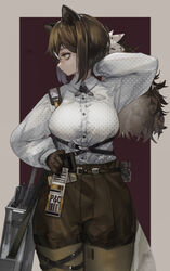  absurdres animal_ears animal_hands arknights arm_up bag bags_under_eyes belt border breasts brown_hair brown_pantyhose brown_shorts closed_mouth collared_shirt cowboy_shot cross_tie female freckles grey_border hand_on_own_hip highres large_breasts leg_up long_hair long_sleeves looking_away looking_to_the_side pantyhose patterned_clothing ponytail purple_background raccoon_ears raccoon_girl robin_(arknights) shirt shorts sidelocks simple_background smile solo squiggle timitarcat yellow_eyes 