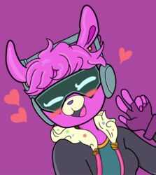  alpaca anthro camelid dj_bop electronics epic_games female fortnite fur gesture hand_gesture headphones heart_symbol hi_res mammal purple_body purple_fur simple_background solo v_sign 