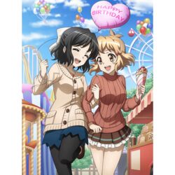  2girls birthday black_hair blonde_hair carnival closed_eyes couple crepe dress ferris_wheel food hair_ornament hair_ribbon hairclip happy kohinata_miku looking_at_another multiple_girls official_art open_mouth pantyhose ribbon senki_zesshou_symphogear skirt smile tachibana_hibiki_(symphogear) thighs third-party_source yellow_eyes yuri 