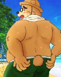  2020 4:5 anthro ass beach bear belly blush bodily_fluids brown_body brown_fur clothing eyewear fur glasses hat headgear headwear hi_res humanoid_hands kemono lifewonders male mammal outside overweight overweight_anthro overweight_male seaside solo straw_hat sweat swimwear tokyo_afterschool_summoners volos_(tas) yaki_atsuage 