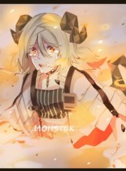  arknights black_choker blonde_hair choker cloak crying crying_with_eyes_open curled_horns dress female fire gradient_hair hair_between_eyes horns ifrit_(arknights) letterboxed low_twintails multicolored_hair open_mouth orange_eyes parted_bangs sad short_hair short_twintails solo streaming_tears striped_clothes striped_dress tears teeth twintails vertical-striped_clothes vertical-striped_dress yuutama2804 