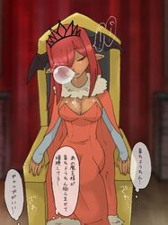  breasts commentary_request dark_skin dress female head_wings izabera0623 large_breasts nose_bubble original pointy_ears red_dress red_hair saliva saliva_on_breasts sleeping solo throne translation_request wings 