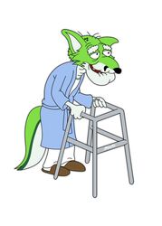  anthro black_nose blakefox canid canine clothed clothing digital_media_(artwork) elderly_male family_guy fidget_the_fox fox fur green_body green_eyes green_fur hair herbert_the_pervert hi_res male mammal old signature simple_background smile solo walker white_body white_fur 