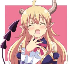  :d ^_^ ahoge bad_id bad_pixiv_id bare_shoulders blonde_hair border broken_horn closed_eyes commentary crisis_management_form_(machimazo) demon_girl demon_horns demon_tail detached_collar detached_sleeves facing_viewer female hand_up highres horns lilith_(machikado_mazoku) long_hair machikado_mazoku neck_ribbon oerba_yun_fang open_mouth outside_border pink_background pointy_ears red_ribbon ribbon simple_background skin_fang smile solo tail tail_raised tearing_up upper_body very_long_hair white_border zeta_(24904340) 