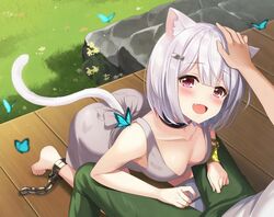  animal_ear_fluff animal_ears azuki_yui barefoot black_collar blue_butterfly blush breasts bug butterfly cat_ears cat_girl cat_tail chains collar collarbone cuffs deck_(architecture) dress female fish_hair_ornament from_above grass grey_dress grey_hair hair_ornament hand_on_another&#039;s_head headpat oerba_yun_fang open_mouth original pink_eyes plant shackles small_breasts stairs stone_stairs tail toenails toes 