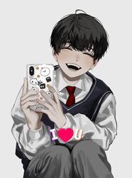  1boy aged_down bishounen black_hair blackbox_(blackbox9158) closed_eyes collared_shirt eyebrows_hidden_by_hair grey_pants heart holding holding_phone kim_dokja korean_commentary lolicon long_sleeves male_focus necktie omniscient_reader&#039;s_viewpoint open_mouth pants phone red_necktie school_uniform shirt short_hair simple_background sitting smile solo sticker teeth upper_teeth_only variant_set vest white_background 