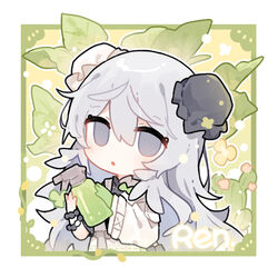  :o arknights bottle bun_cover chibi commentary_request double_bun female gloves green_gloves grey_eyes grey_hair hair_between_eyes hair_bun holding holding_bottle jacket long_hair long_sleeves mulberry_(arknights) mulberry_(plant_crude_drug)_(arknights) official_alternate_costume parted_lips renren signature single_glove skirt solo spray_bottle very_long_hair white_jacket white_skirt wide_sleeves 