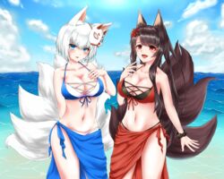  2girls :d akagi_(azur_lane) akagi_(paradise_amaryllis)_(azur_lane) animal_ears arm_behind_head azur_lane beach bikini bikini_skirt blue_bikini blue_eyes blush breasts brown_hair cleavage commentary_request cowboy_shot day flower fox_ears fox_girl fox_mask fox_tail groin hair_flower hair_ornament hand_on_own_chest hand_to_own_mouth kaga_(azur_lane) kaga_(everlasting_killing_stone)_(azur_lane) kitsune large_breasts long_hair looking_at_viewer mask mask_on_head multiple_girls multiple_tails navel ocean oerba_yun_fang official_alternate_costume open_mouth outdoors red_bikini red_eyes seshiro_(which501) short_hair smile swimsuit tail very_long_hair white_hair 