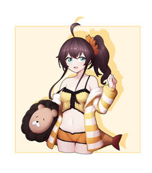  absurdres ahoge bare_shoulders blue_eyes breasts brown_hair cardigan clothes_down collarbone cowboy_shot cropped_legs female groin hair_between_eyes hair_ornament highres hololive long_hair looking_at_viewer micro_shorts midriff natsuiro_matsuri natsuiro_matsuri_(matsuri&#039;s_day_off) navel off_shoulder official_alternate_costume open_cardigan open_clothes orange_shorts shorts side_ponytail sidelocks small_breasts solo spaghetti_strap standing stomach striped_cardigan virtual_youtuber z-jun.dd-zhong 