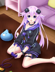  :d adult_neptune bare_legs barefoot black_choker black_jacket blush breasts choker cleavage commentary_request controller couch d-pad d-pad_hair_ornament dogoo female full_body hair_between_eyes hair_ornament happy highres holding holding_controller holster hood hooded_jacket indoors jacket long_hair looking_at_viewer medium_breasts neptune_(series) no_shoes on_floor open_mouth playing_games purple_eyes purple_hair seshiro_(which501) shin_jigen_game_neptune_vii sitting smile solo stuffed_toy thigh_strap usb very_long_hair video_game wariza wristband zipper_pull_tab 