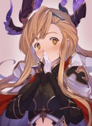  asymmetrical_gloves black_gloves blush breasts cloak coffee1223 commentary_request covering_own_mouth female fingerless_gloves fingers_together gloves granblue_fantasy head_wings headband large_breasts light_brown_hair long_hair looking_at_viewer sidelocks simple_background solo tweyen_(granblue_fantasy) uneven_gloves white_cloak white_gloves wings yellow_eyes 