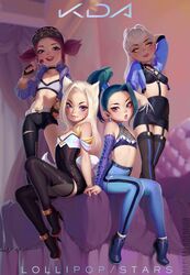  4girls aged_down ahoge ahri_(league_of_legends) akali alternate_hairstyle animal_ears asymmetrical_clothes baseball_cap bed black_choker blue_eyes blue_eyeshadow boots breasts candy choker commentary cropped_jacket crystal_tail dress english_commentary evelynn_(league_of_legends) eyeshadow facial_mark flat_chest food forehead fox_ears fox_girl fox_tail garter_straps green_hair hat head_tilt high-waist_pants high_heel_boots high_heels high_ponytail huge_ahoge idol k/da_(league_of_legends) k/da_ahri k/da_akali k/da_all_out_evelynn k/da_all_out_kai&#039;sa kai&#039;sa league_of_legends licking_lips lips lollipop long_hair looking_at_viewer makeup marmalade_mum midriff mignonnes_(film) multiple_girls navel o-ring o-ring_top official_alternate_costume on_bed pants plaid pun purple_eyes short_dress single_pantsleg slit_pupils small_breasts sports_bra stomach tail thigh_boots thighhighs tongue tongue_out twintails whisker_markings white_hair zettai_ryouiki 