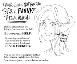  arrow_sign baalbuddy bodily_fluids crying elf english_text female greyscale hair headshot_portrait hi_res humanoid humanoid_pointy_ears long_hair looking_at_viewer monochrome not_furry ponytail portrait profanity public_service_announcement simple_background smile solo tears text white_background 