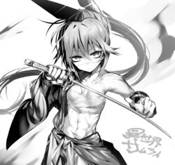  breasts collarbone commentary_request female gauntlets greyscale highres holding holding_sword holding_weapon isekai_samurai katana looking_at_viewer monochrome panda=hiro ponytail sarashi scar scar_on_face scar_on_nose small_breasts solo sword toned tsukitsuba_ginko weapon 