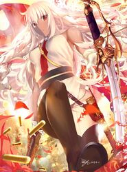  bare_shoulders black_footwear boots braid breasts closed_mouth dark_skin fate/grand_order fate_(series) female gloves gun knee_up lakshmibai_(fate) large_breasts long_hair looking_at_viewer md5_mismatch pants petals photoshop_(medium) red_eyes resolution_mismatch saber_(weapon) sheath shell_casing shirt side_braids sleeveless sleeveless_shirt solo source_larger sword thigh_boots thighhighs twin_braids very_long_hair weapon white_gloves white_hair white_pants yipaint 