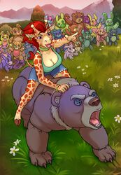  anthro army bear button_(fastener) button_eyes doll ear_piercing ear_ring female feral flower giraffe giraffid grass hi_res legend_of_ahya mammal marle_talbender_(darkflamewolf) piercing plant plushie riding riding_on_back ring_piercing seam_(sewing) shurikoma_(artist) solo 