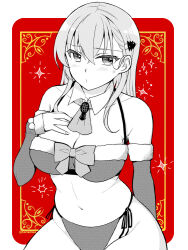  adapted_costume ascot bikini breasts bridal_gauntlets cleavage cowboy_shot detached_collar female hair_ornament hairclip kantai_collection large_breasts long_hair monochrome red_background side-tie_bikini_bottom solo spot_color suzuya_(christmas_mode)_(kancolle) suzuya_(kancolle) swimsuit teramoto_kaoru 