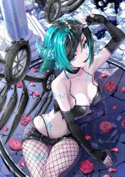  absurdres aqua_eyes aqua_hair arm_up black_bra black_choker black_gloves black_hair black_lips black_shorts blindfold blindfold_lift blue_gemstone bra breasts choker cleavage closed_mouth commentary commission cowboy_shot elbow_gloves english_commentary female fingerless_gloves fishnet_thighhighs fishnets flower gem gloves highres horns indie_virtual_youtuber lips lipstick looking_at_viewer makeup mechanical_wings medium_breasts midriff multicolored_hair murmayd_(vtuber) panty_straps petals red_flower red_rose rose rose_petals short_hair short_shorts shorts sitting solo thighhighs two-tone_hair underwear vgen_commission virtual_youtuber wings xxcaaan 