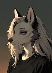  anthro clothed clothing female fur grey_body grey_fur hair hellaverse helluva_boss hi_res long_hair loona_(helluva_boss) red_eyes shirt side_view solo t-shirt topwear unknown_artist 