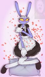  2025 absurd_res anthro apron black_clothing black_dress black_footwear blush blush_lines bodily_fluids clothed clothed_anthro clothed_male clothing digital_media_(artwork) dress embarrassed english_description english_text fingers footwear full-length_portrait glitch_productions gloves handwear hi_res jax_(tadc) lagomorph legwear leporid maid_headdress maid_uniform male male_anthro mammal papyrus_(font) petals pillow portrait purple_body purple_ears rabbit rose_petals solo spinarooz sweat text the_amazing_digital_circus thigh_highs uniform white_apron white_clothing white_gloves white_handwear white_legwear white_thigh_highs yellow_sclera 