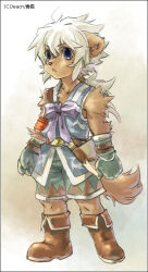  :&lt; anthro armwear boots bottomwear bow_ribbon chest_tuft clothing footwear fur gloves hair handwear jeacn kemono male messenger_bag shoes shorts solo tan_body tan_fur tied_hair tuft unknown_species white_hair 