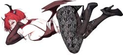  absurdres arknights ass black_pantyhose detached_sleeves female high_heels highres horns lace_pantyhose_hooked_on_heel_(meme) long_hair looking_at_viewer medium_hair meme ohkurrva pantyhose purple_eyes red_eyes solo surtr_(arknights) top-down_bottom-up white_background wings 