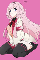  armband bad_id bad_pixiv_id black_hairband black_shirt black_skirt black_thighhighs blazer blue_eyes breasts collared_shirt commentary english_commentary female hairband highres jacket long_hair looking_at_viewer medium_breasts nijisanji ocha_(popopogg) orange_vest pink_hair school_uniform seiza selene_girls_school_uniform shirt sitting skirt smile soles solo suo_sango suo_sango_(1st_costume) thick_thighs thighhighs thighs vest virtual_youtuber white_jacket 