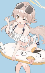  absurdres bad_id bad_pixiv_id bikini blue_archive blue_background blush breasts brown_eyes commentary english_commentary eyewear_on_head female frilled_bikini frills hair_ornament halo hifumi_(blue_archive) hifumi_(swimsuit)_(blue_archive) highres holding holding_swim_ring innertube light_brown_hair long_hair low_twintails ocha_(popopogg) one_eye_closed open_mouth peroro_(blue_archive) ribbon-trimmed_swimsuit ribbon_trim side-tie_bikini_bottom simple_background small_breasts solo sunglasses swim_ring swimsuit twintails white_bikini wing_hair_ornament 