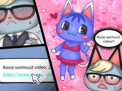  4:3 animal_crossing anthro bikini bikini_skirt blonde_hair blush clothing digital_media_(artwork) domestic_cat english_text felid feline felis fur grey_body grey_fur gyukaku_dondon hair mammal midriff nintendo purple_body purple_fur raymond_(animal_crossing) rosie_(animal_crossing) swimwear text 