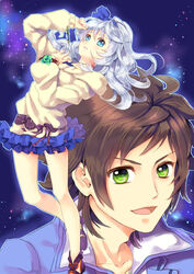  1boy adam&#039;s_apple beige_sweater blue_eyes blue_jacket blue_skirt brown_hair eri. female floating floating_hair green_eyes jacket jewelry long_hair looking_at_viewer necklace open_mouth skirt smile space super_robot_wars super_robot_wars_bx tied_hair white_hair youta_hiiragi yuki_hiiragi 