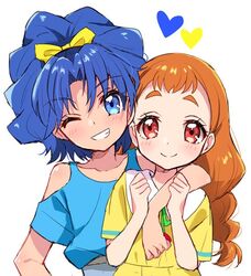  2girls arisugawa_himari arm_over_shoulder blue_eyes blue_hair blue_shirt blush bow brown_hair clenched_teeth closed_mouth commentary_request eru hairbow heart kirakira_precure_a_la_mode long_hair looking_at_viewer multiple_girls one_eye_closed ponytail precure red_eyes shirt short_hair short_sleeves simple_background smile tategami_aoi teeth upper_body white_background yellow_bow yellow_shirt 