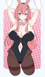  :o absurdres animal_ears arm_up arms_behind_head ass_visible_through_thighs azur_lane black_leotard blush bow bowtie breasts bremerton_(azur_lane) brown_pantyhose cleavage collar collarbone commentary cropped_legs detached_collar earrings fake_animal_ears female grey_hair hair_between_eyes hair_down hair_intakes hair_ornament hairclip heart heart_hair_ornament highres huge_breasts jewelry leotard londom_(lonhomewell) long_hair looking_at_viewer mole mole_on_breast mole_under_eye multicolored_hair navel navel_piercing open_mouth pantyhose piercing pink_background pink_bow pink_bowtie pink_eyes plaid plaid_bow playboy_bunny polka_dot polka_dot_background rabbit_ears red_hair side-tie_leotard solo stomach strapless strapless_leotard streaked_hair thighband_pantyhose thighs two-tone_hair white_background white_collar white_headwear 